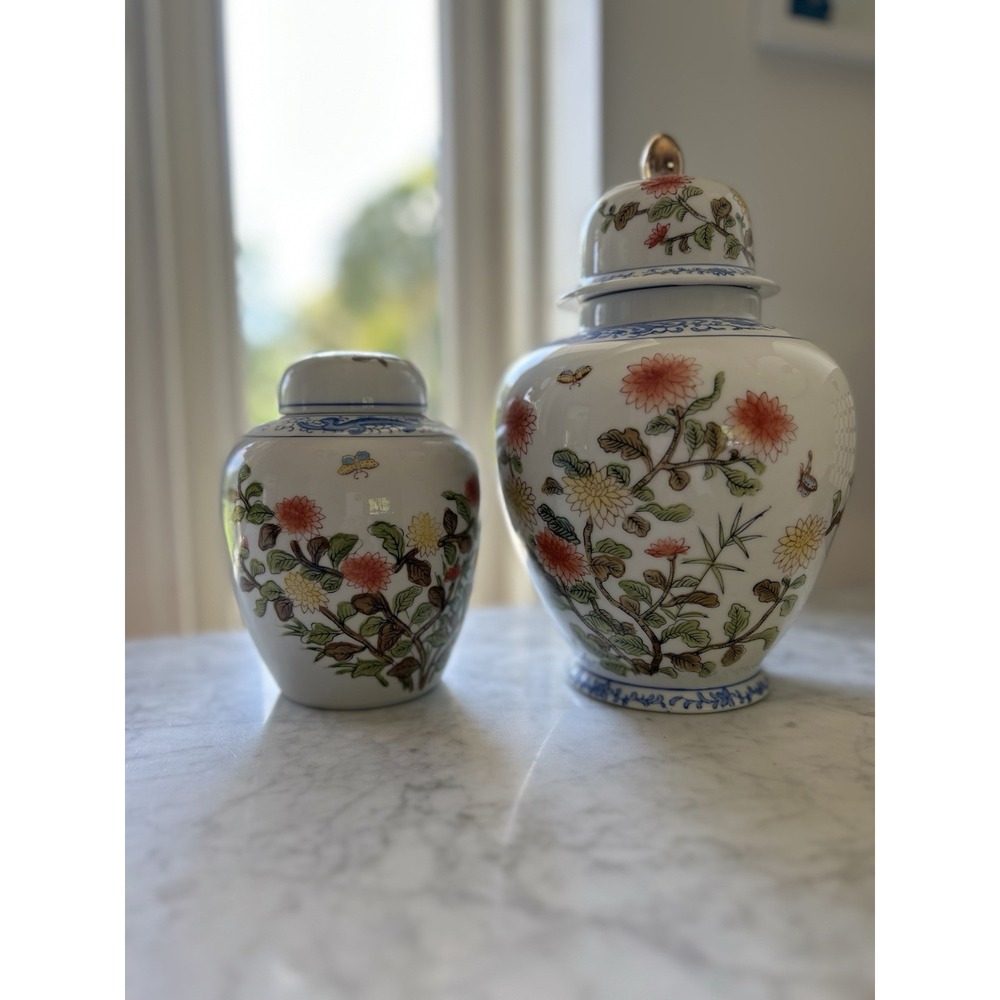VTG. Andrea by Sadek Porcelain Chinoiserie-Style Floral Ginger Jar Set Of 2